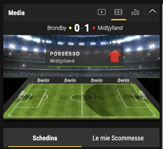 Visualizzazione in tempo reale della partita Brondby vs Midtjylland, risultato 0-1 e possesso palla per Midtjylland